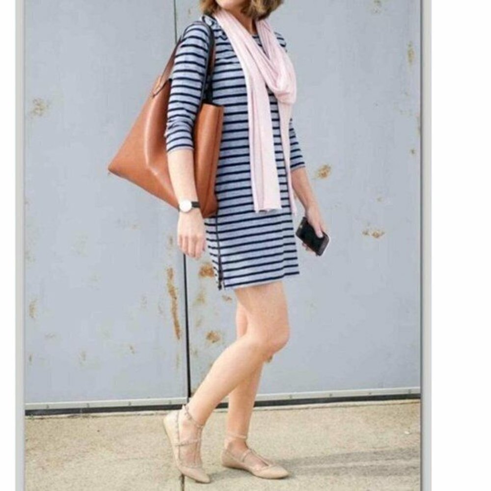 J. Crew Women's Size XS Blue Striped Side Zipper Midi‎ T Shirt Dress